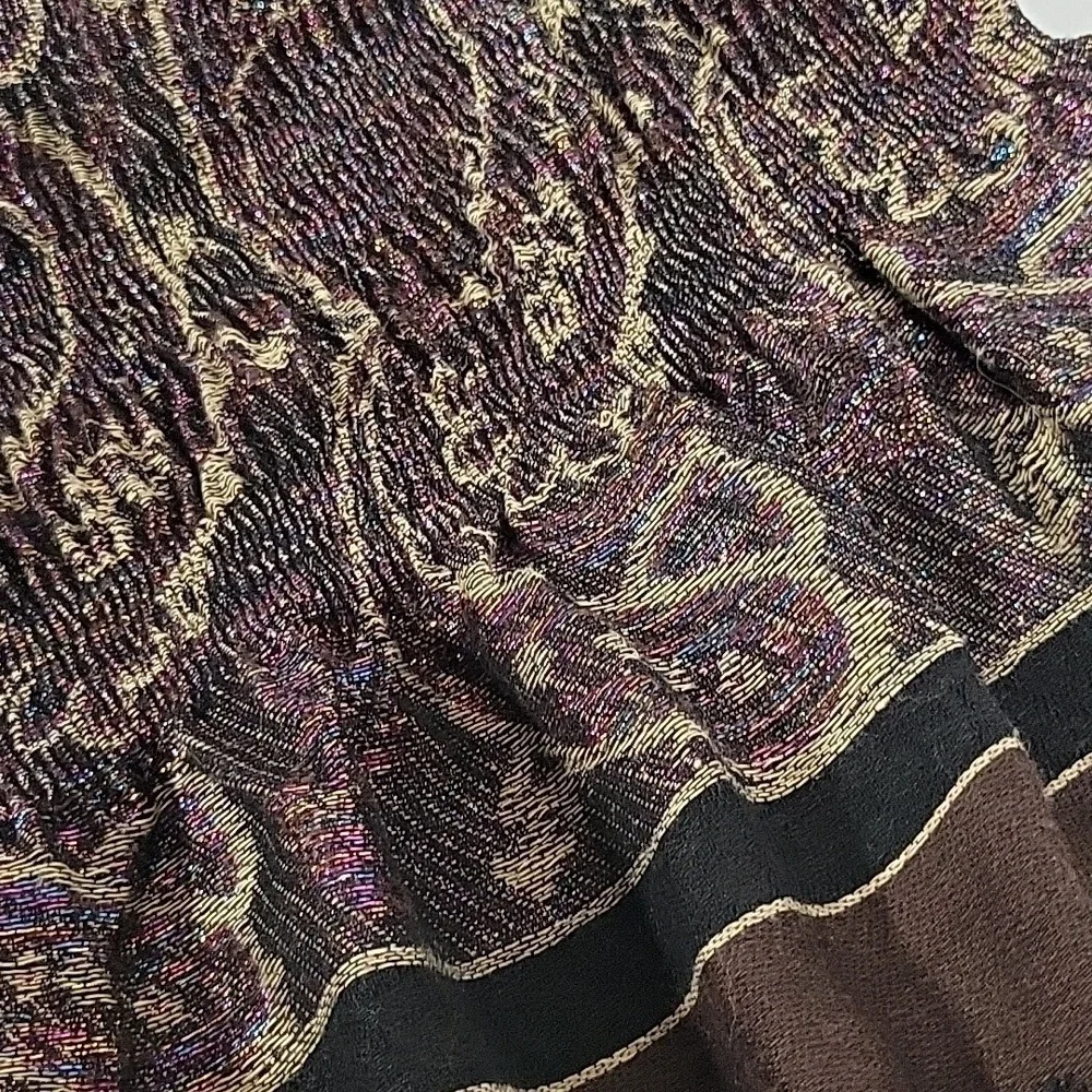 Brown Black Tan Sparkle Paisley Like Print Women's Scarf with Black Fringe